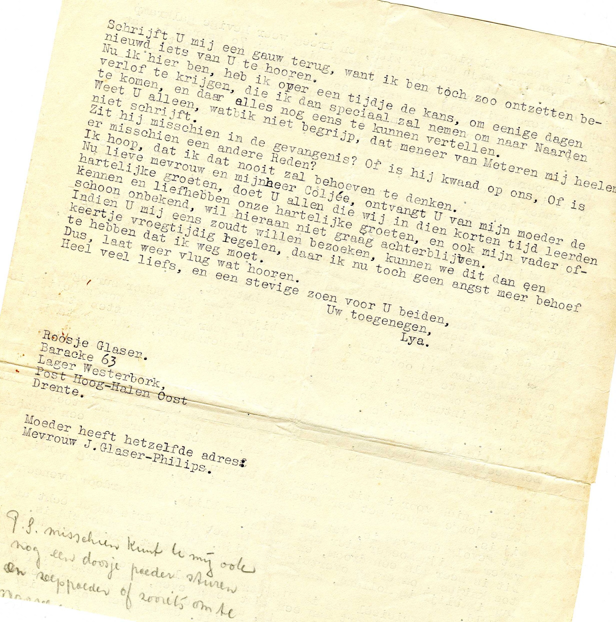 1942 letter Aunt Rosie from camp Westerbork
