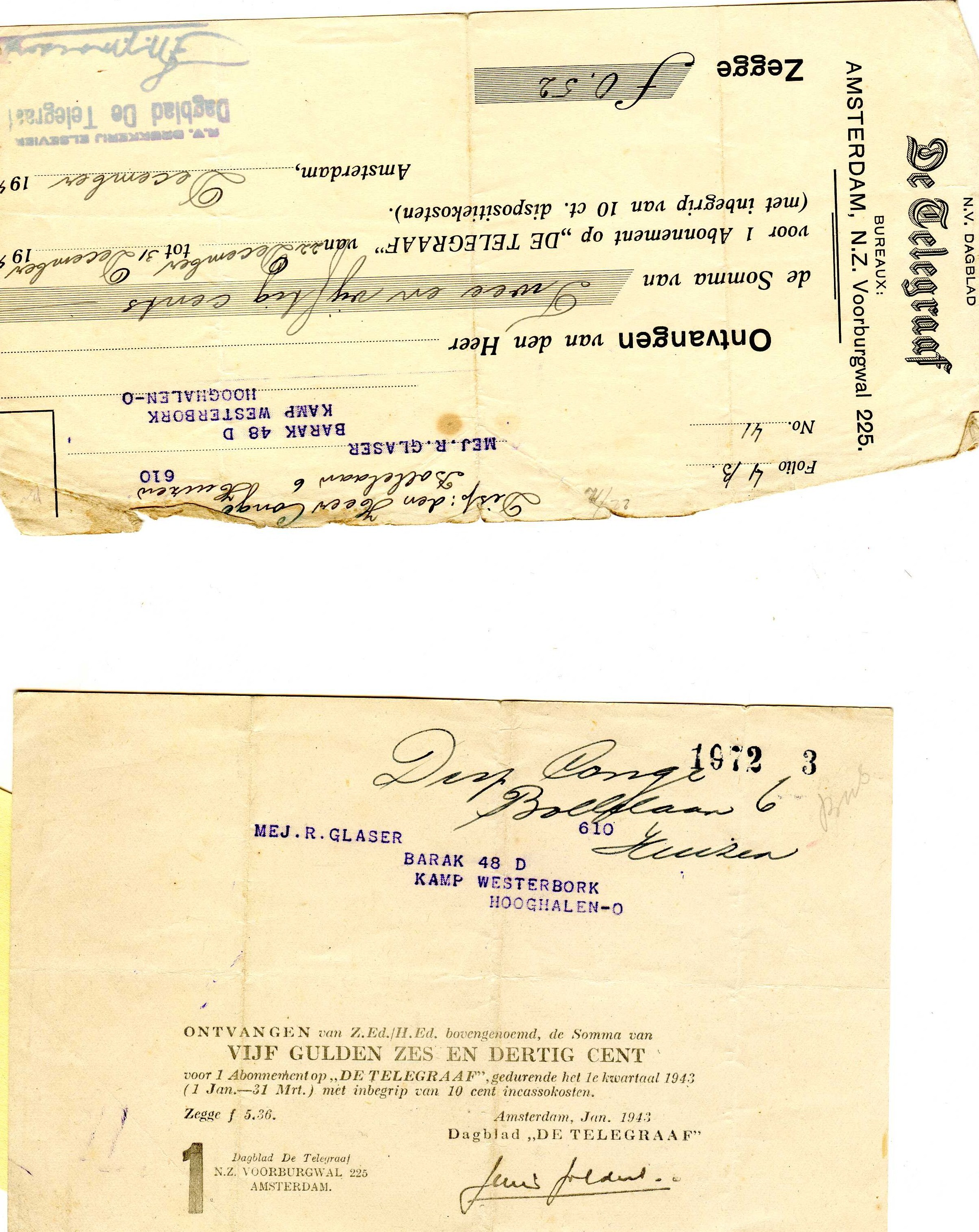 Payment by Aunt Rosie for newspaper Daily Telegraph in camp Westerbork

