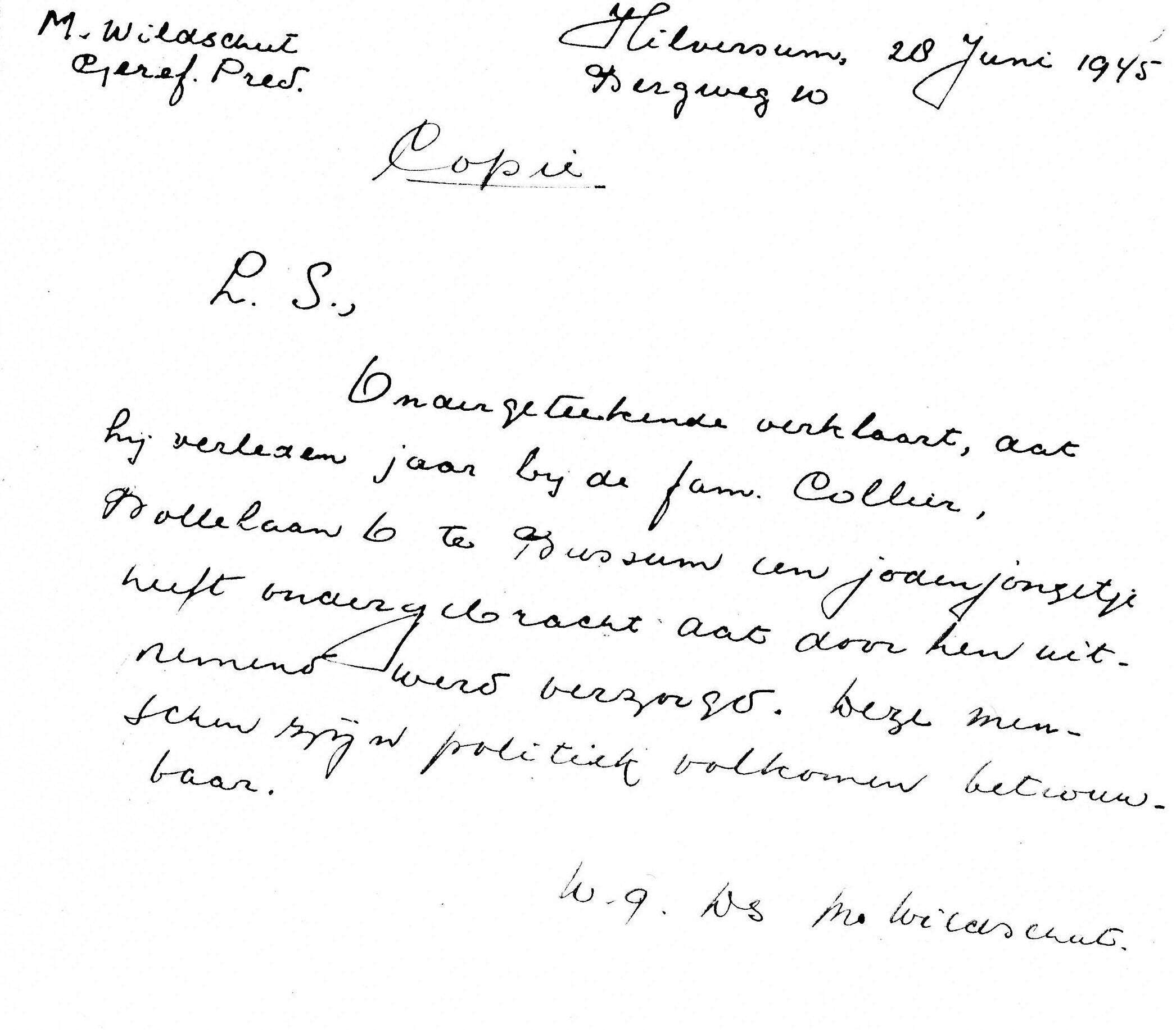 1945 letter by vicar a decharge about the imprisoned nazi Coljee and his German wife who helped Aunt Rosie during the war
